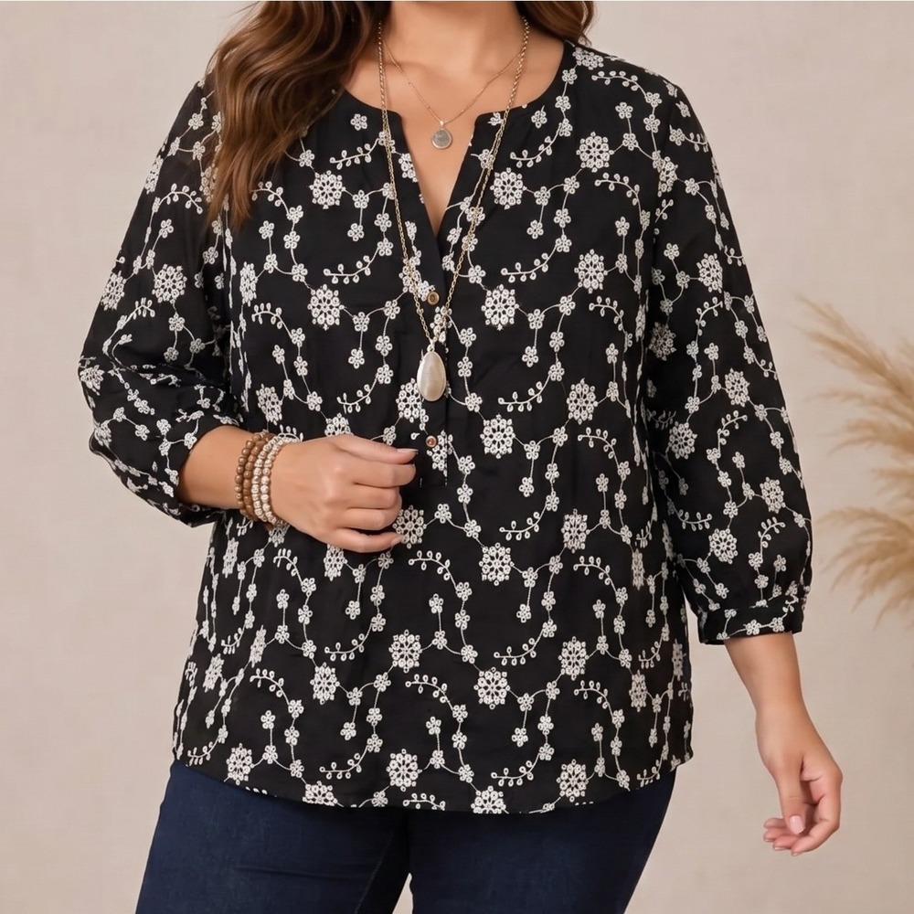 J. Jill Black White Floral Embroidered Cotton Blouse 3/4 Sleeve 2X